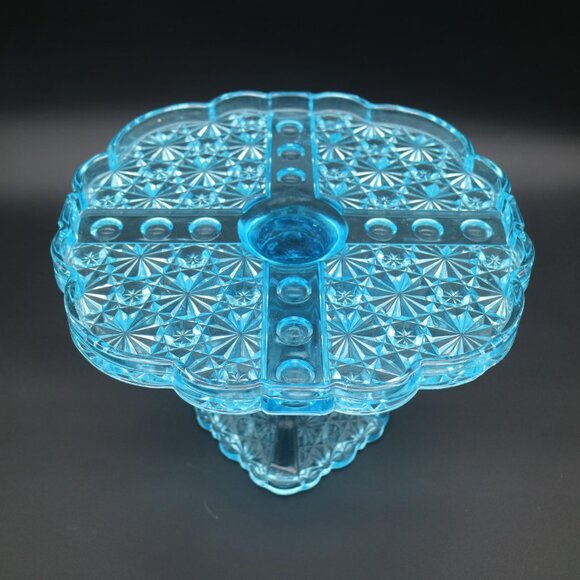 Antique EAPG Uranium Glass Blue Cake Stand | Daisy & Button Cake Stand - Picture 4 of 9